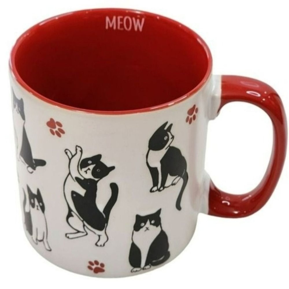 Spectrum Tuxedo Cat Meow Ceramic Coffee Mug 21oz Red Black White Cat Lovers Gift